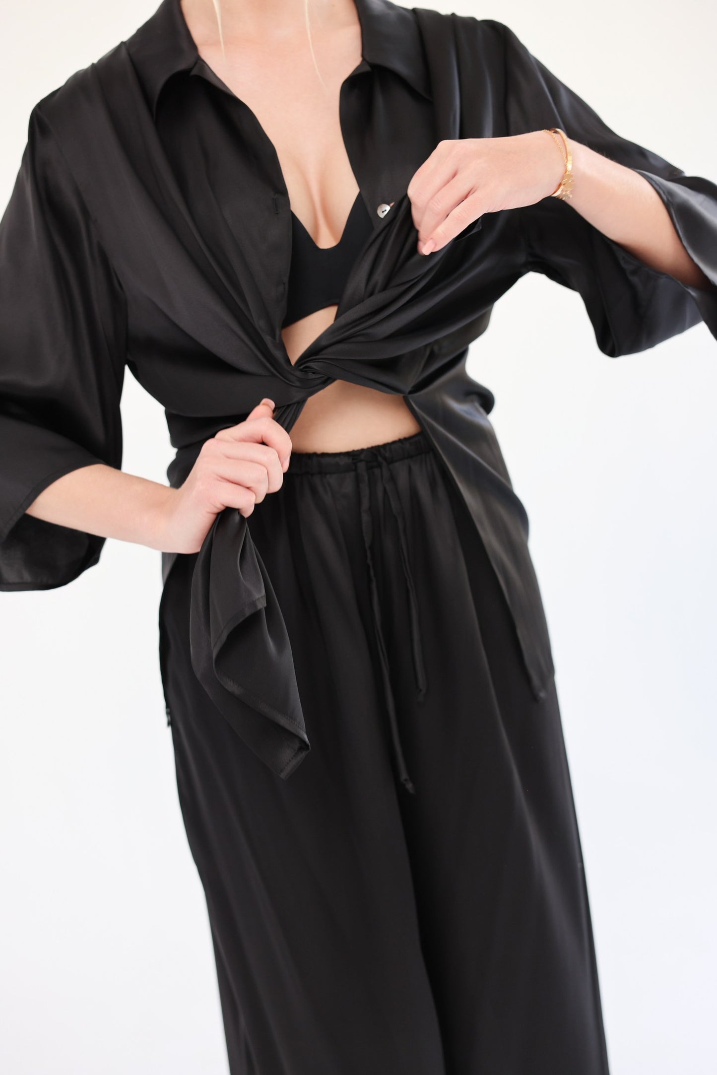 Комплект з шовку oversize set, сорочка та брюки, чорний