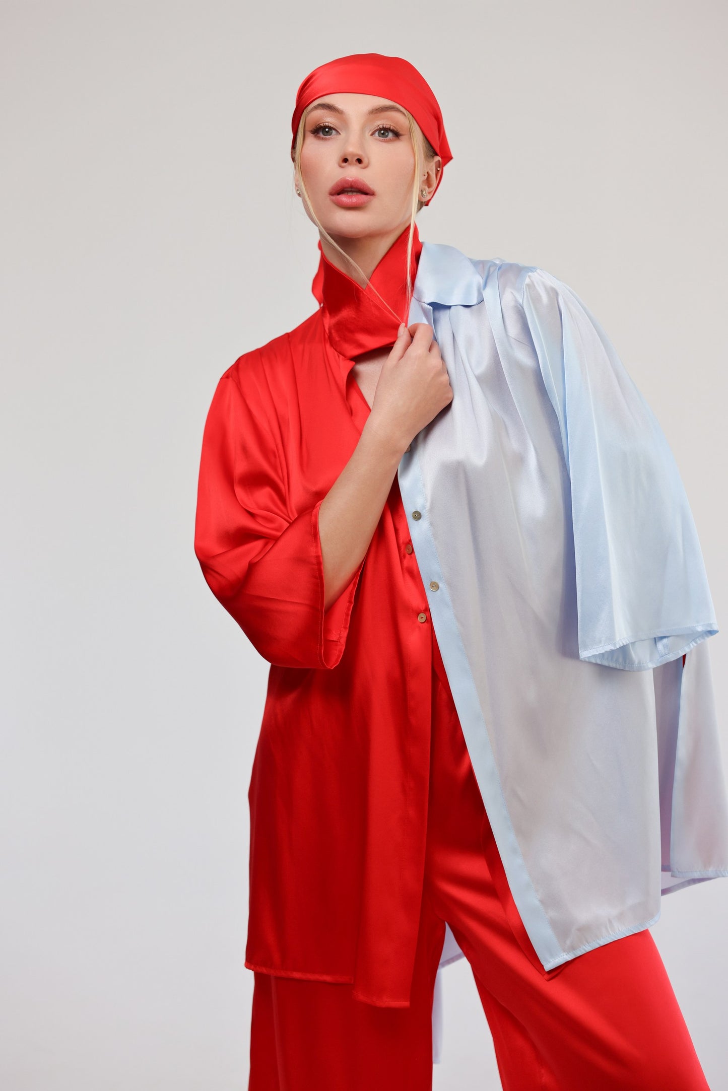 Комплект з шовку oversize set, сорочка та брюки, червоний