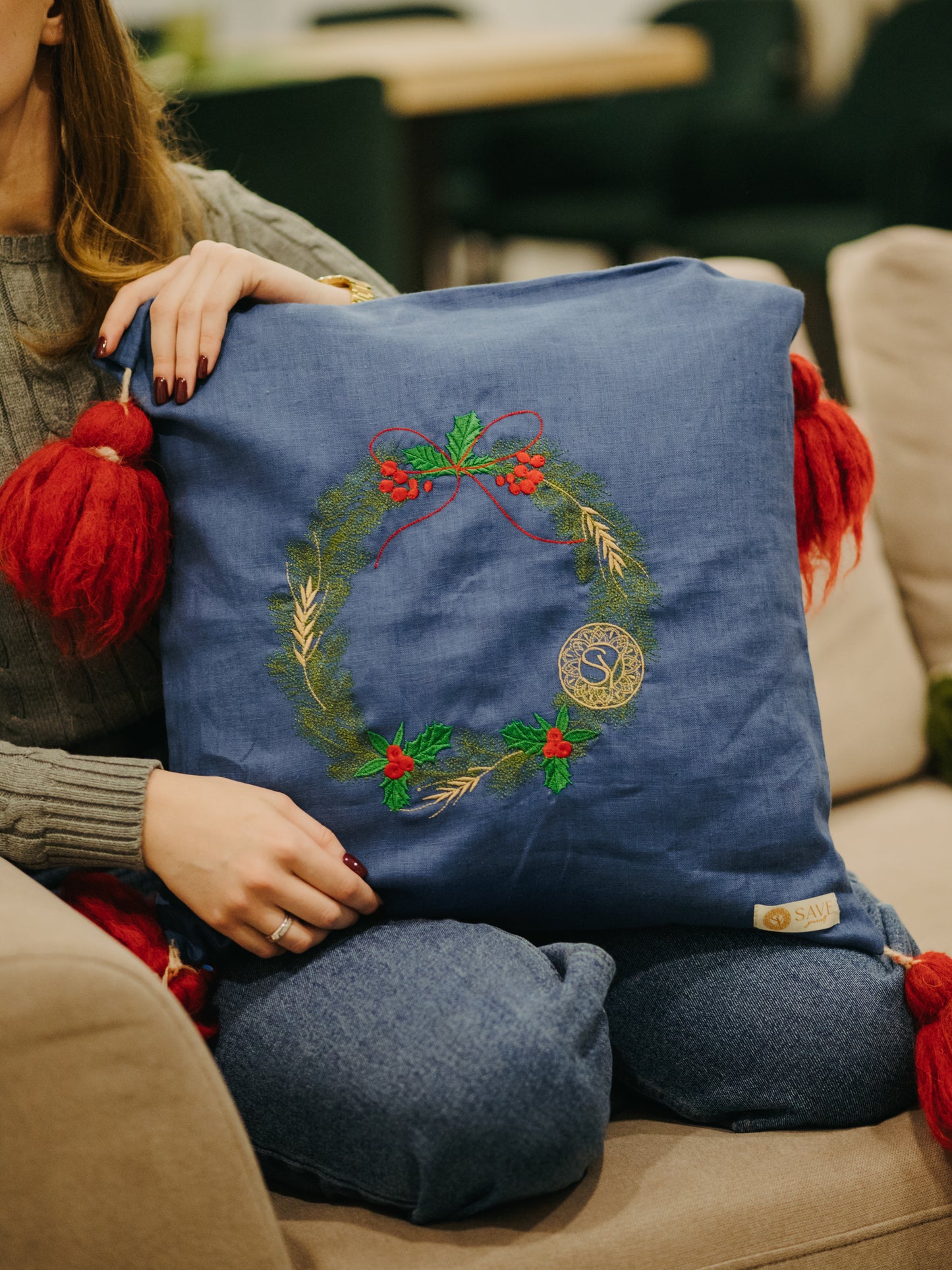 Linen pillowcase with embroidery and woolen tassels Christmas and New Year BLUE, 45x45 cm