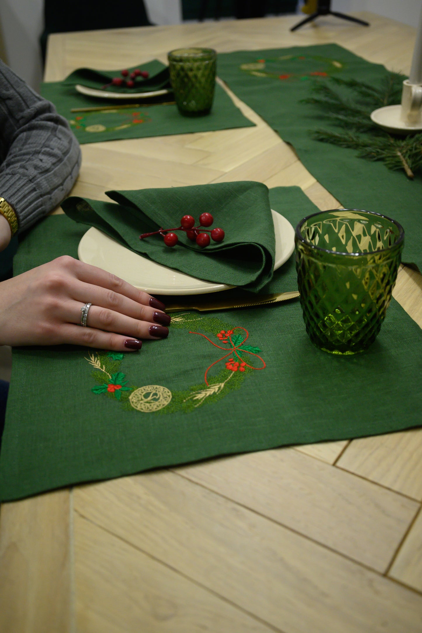 Linen serving napkin under a plate with embroidery Christmas and New Year BLUE, 45x35 cm