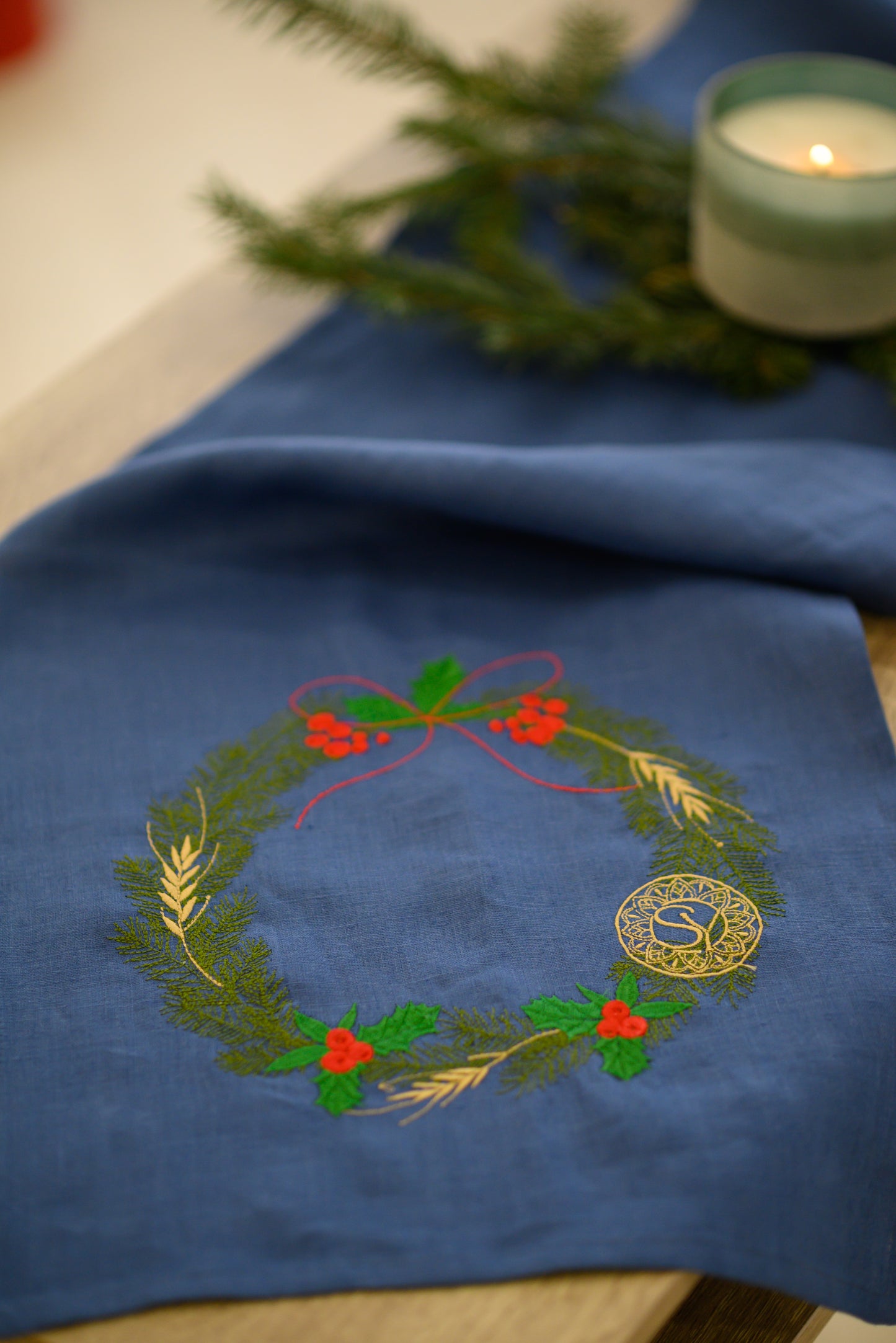 Linen runner, table runner with embroidery Christmas and New Year BLUE, 35x150 cm