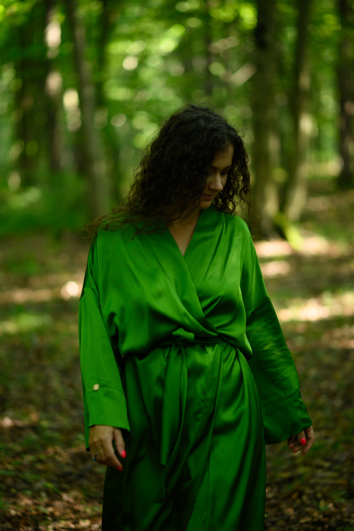 Women's kimono dressing gown of green color from silky viscose “Open Heart”