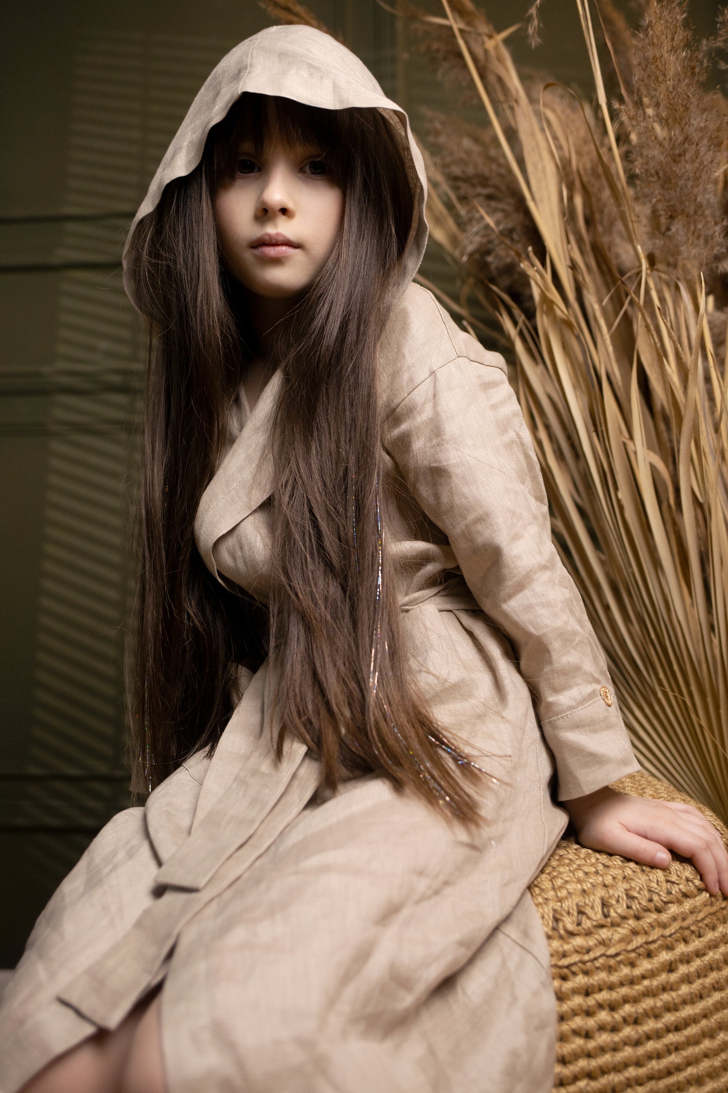 Sand-colored linen baby bathrobe for boys and girls