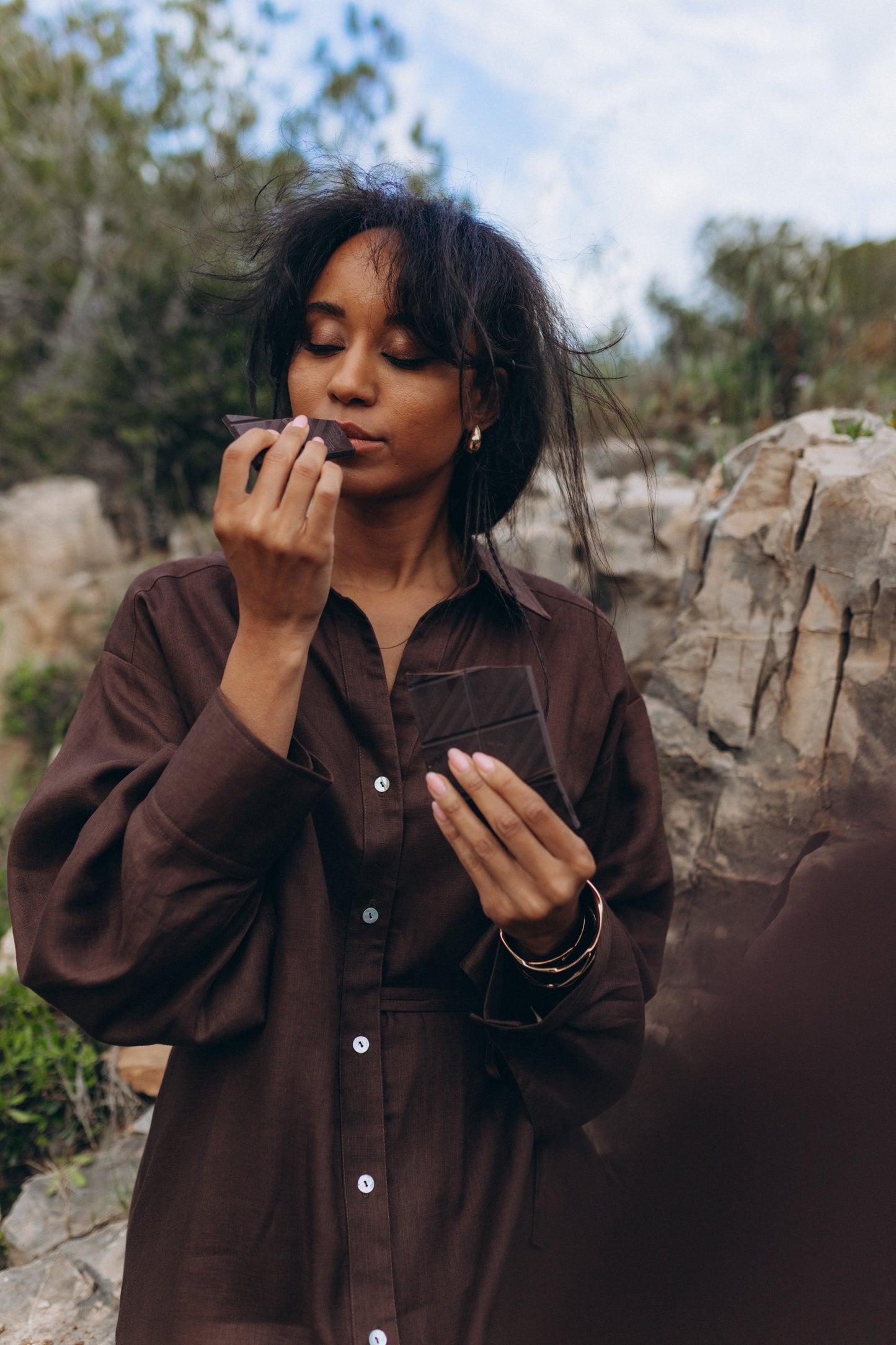 Chocolate maxi shirt dress made of 100% linen
