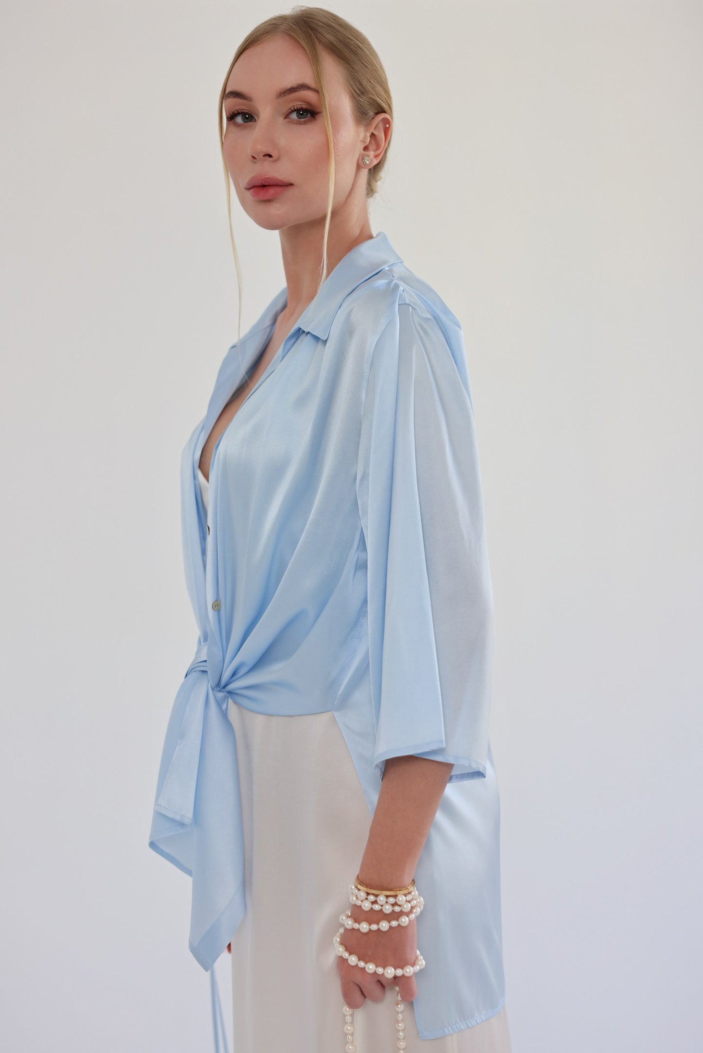 Комплект з шовку oversize set, сорочка та брюки, блакитний