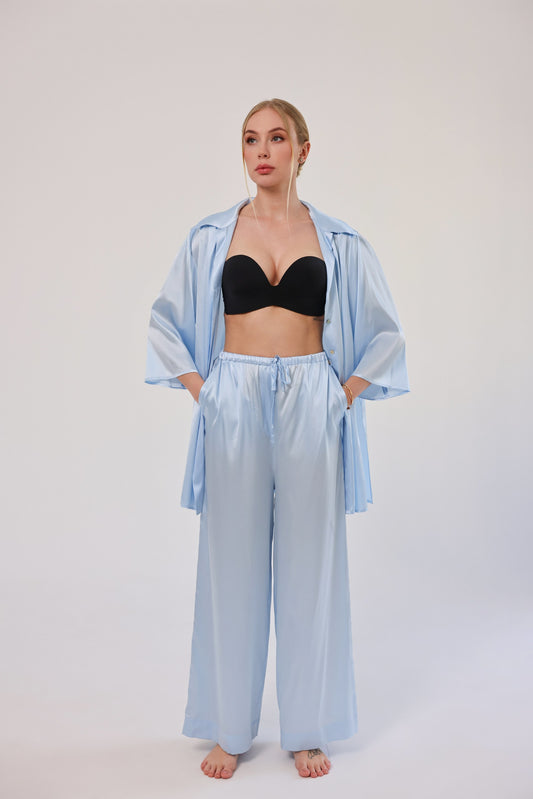 Комплект з шовку oversize set, сорочка та брюки, блакитний