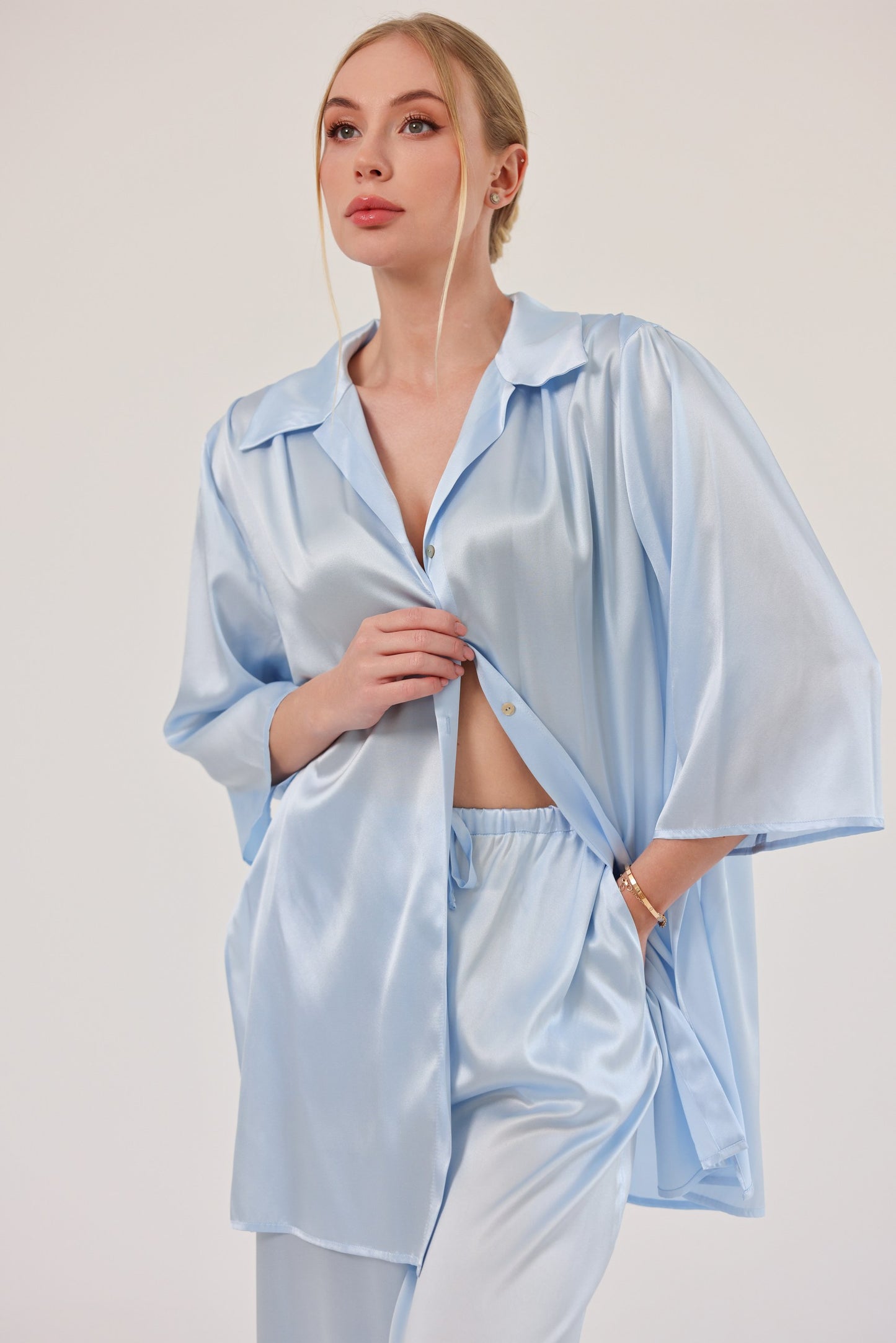 Комплект з шовку oversize set, сорочка та брюки, блакитний