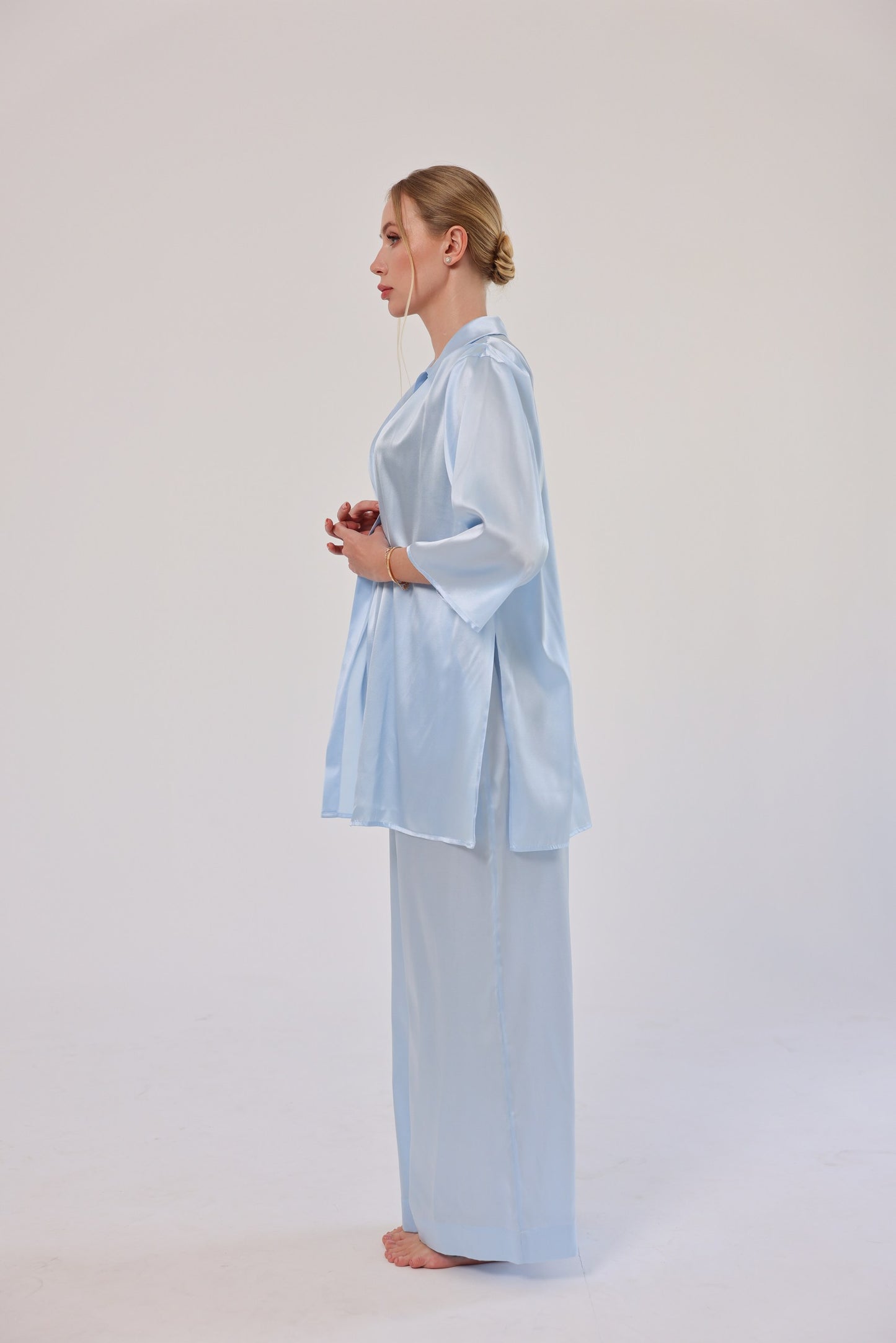 Комплект з шовку oversize set, сорочка та брюки, блакитний
