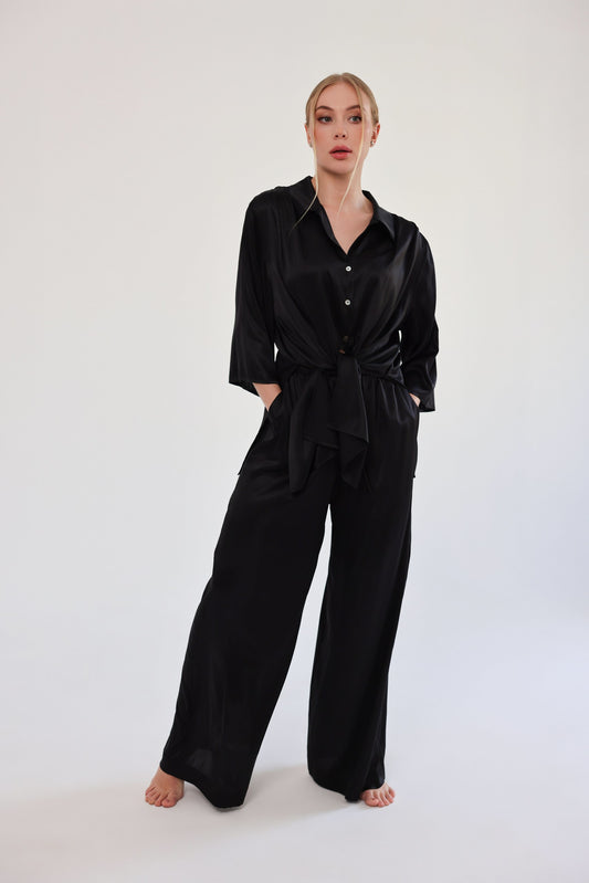Комплект з шовку oversize set, сорочка та брюки, чорний