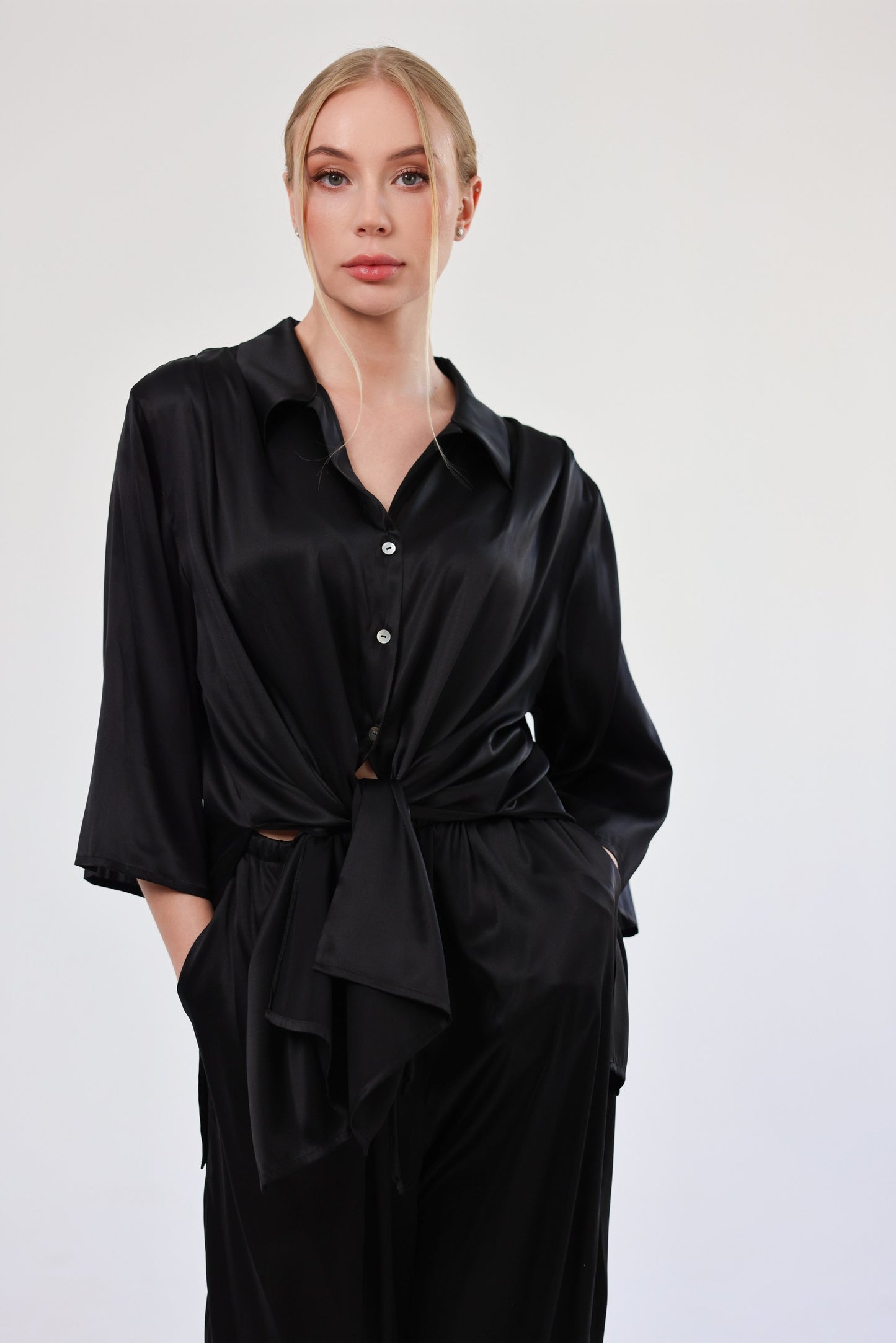 Комплект з шовку oversize set, сорочка та брюки, чорний