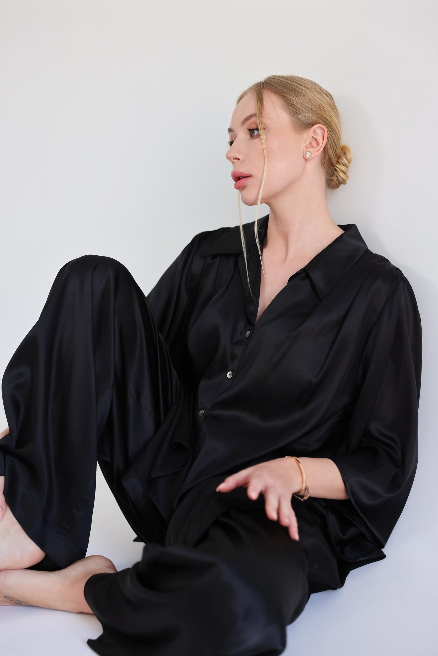 Комплект з шовку oversize set, сорочка та брюки, чорний