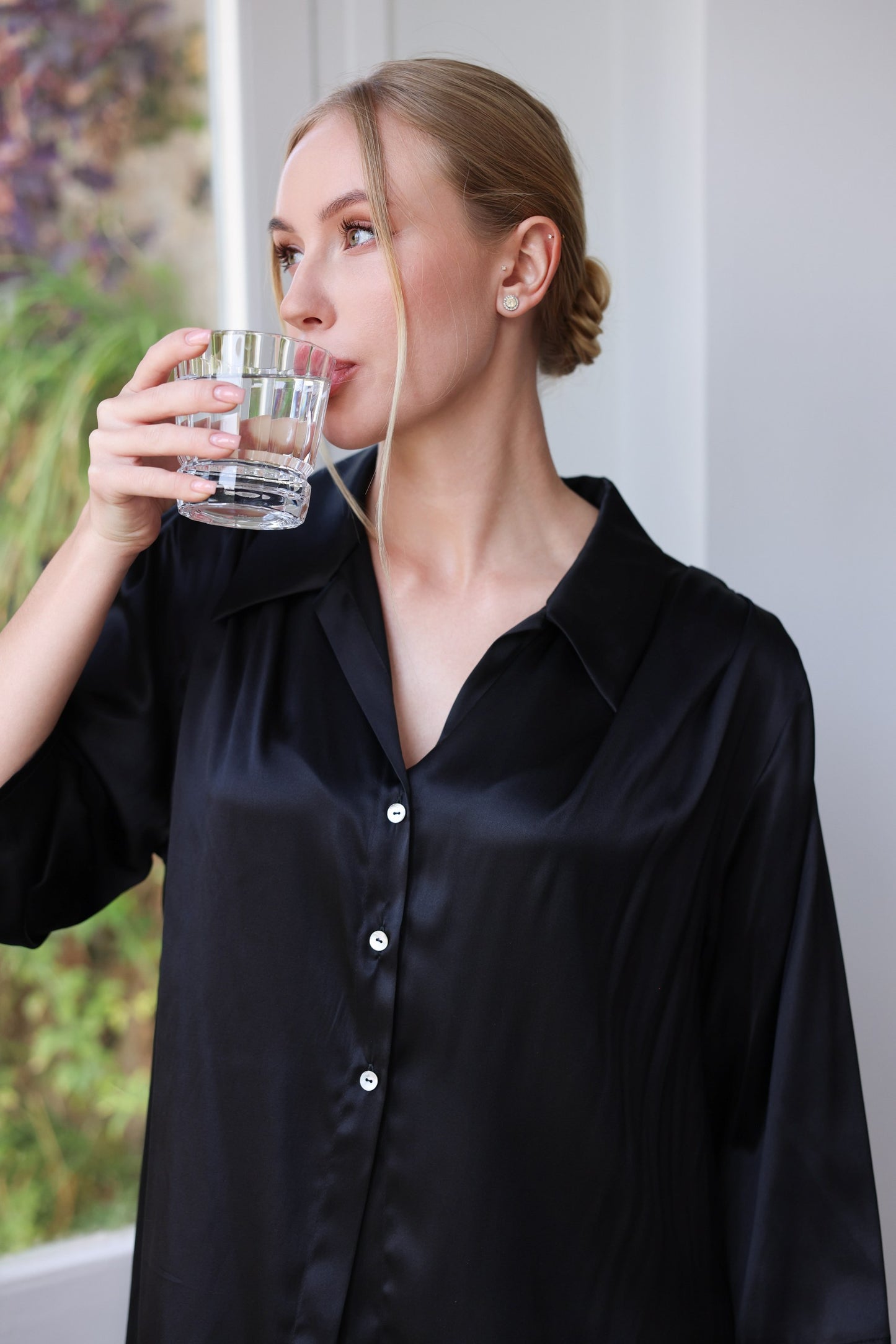 Комплект з шовку oversize set, сорочка та брюки, чорний