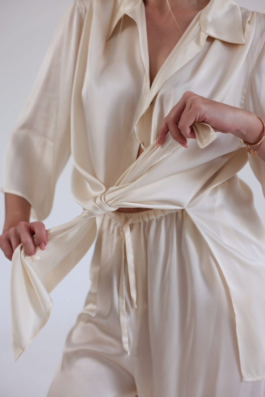 Комплект з шовку oversize set, сорочка та брюки, молочний