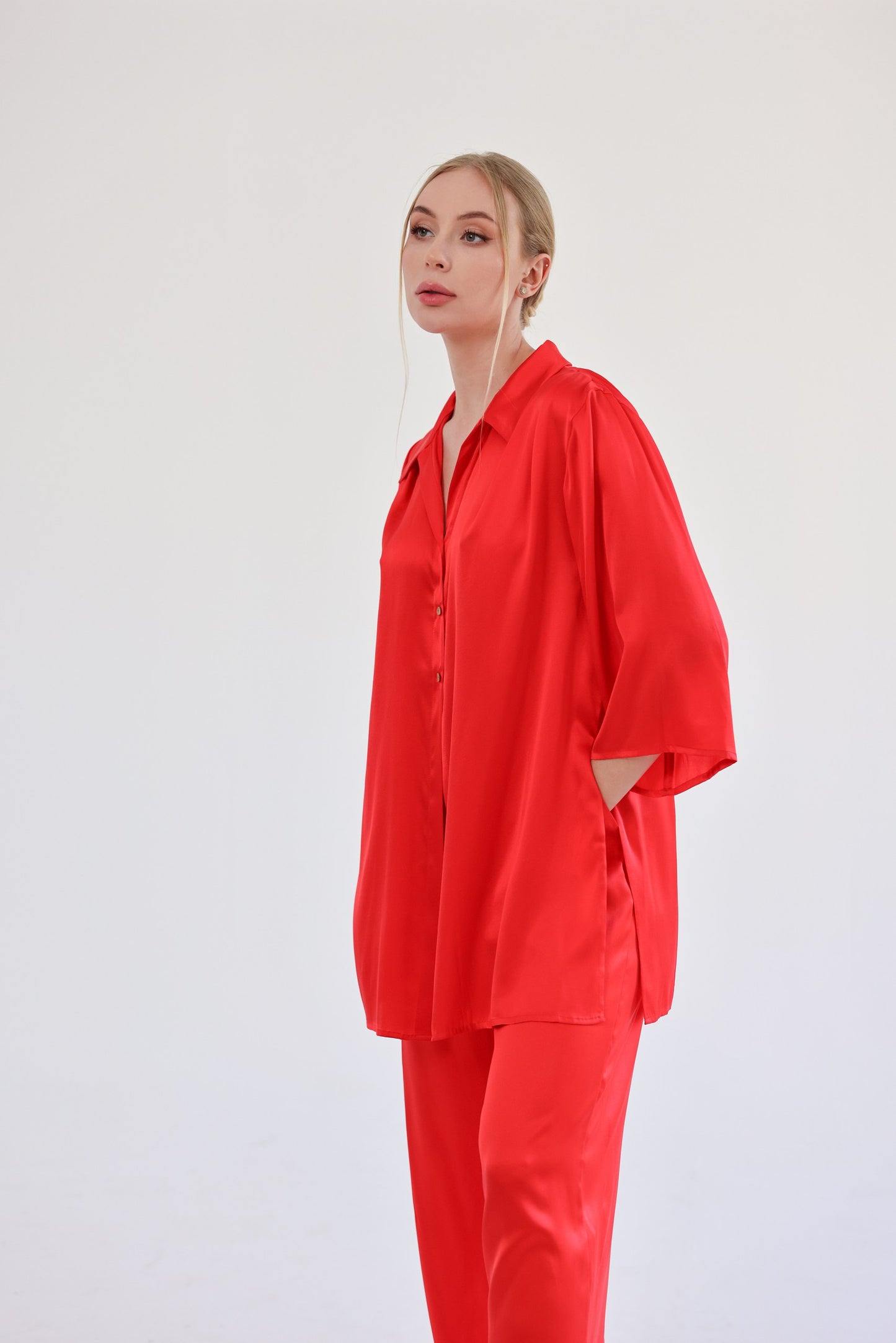 Комплект з шовку oversize set, сорочка та брюки, червоний