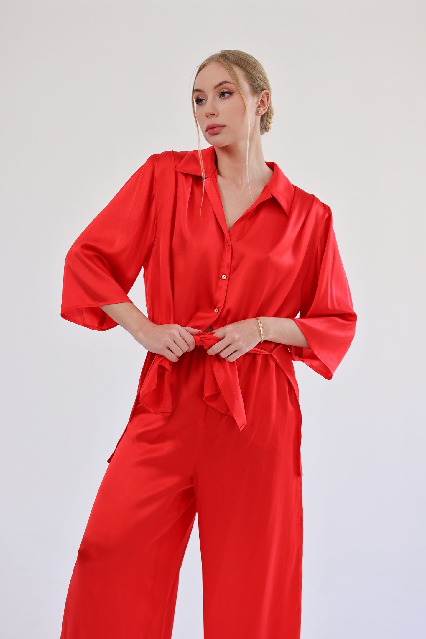 Комплект з шовку oversize set, сорочка та брюки, червоний