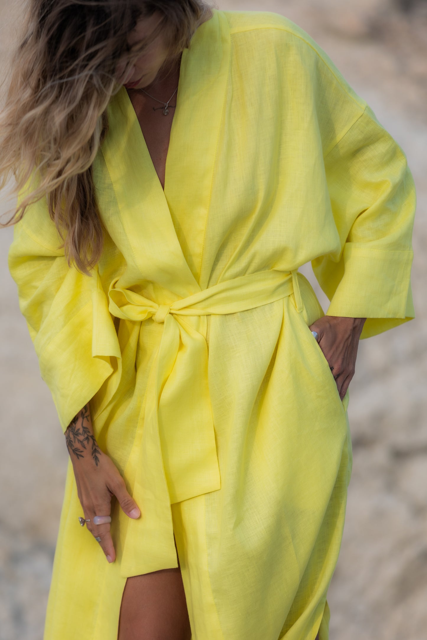 Long kimono dress "Sunny" with sacred geometry embroidery