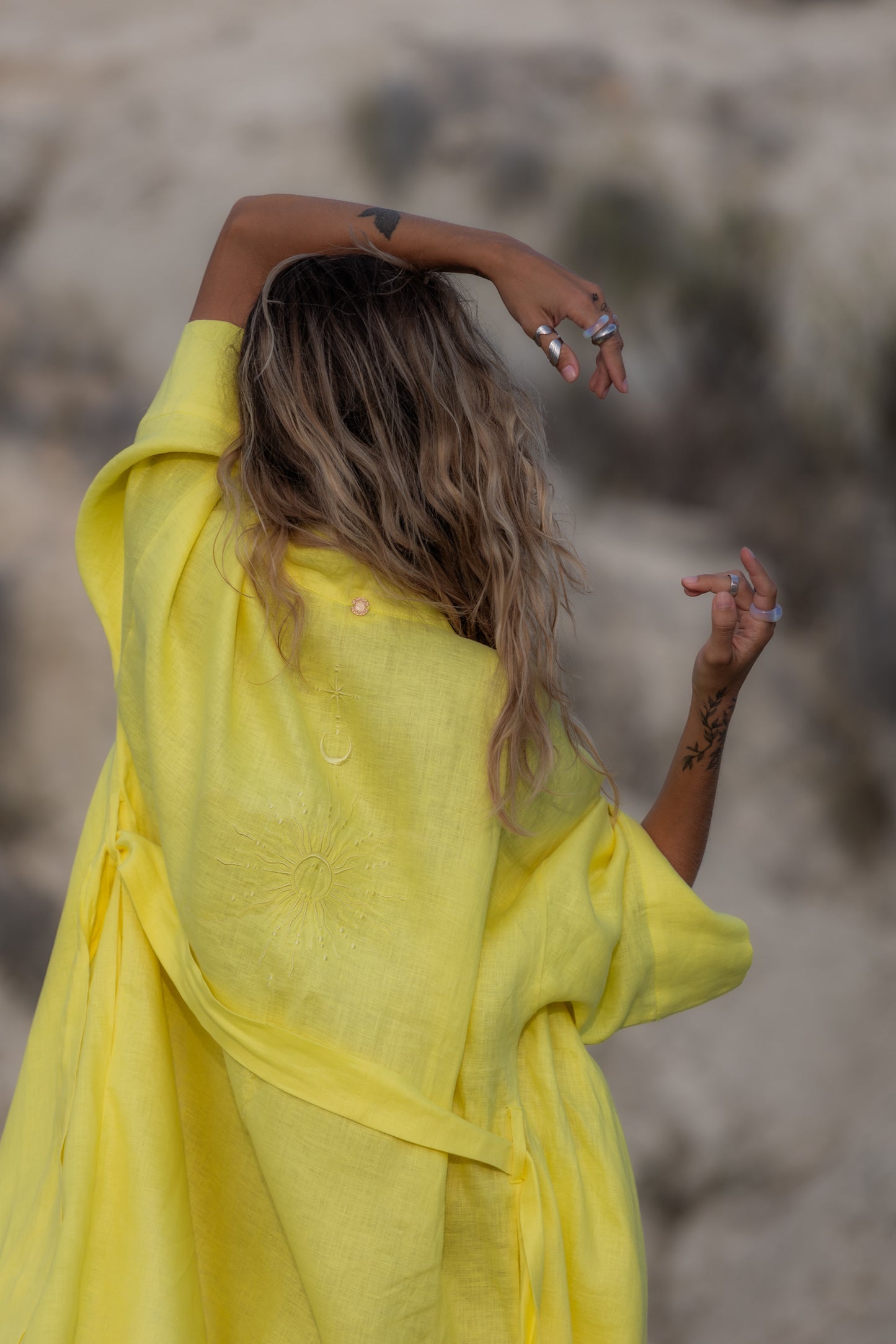 Long kimono dress "Sunny" with sacred geometry embroidery