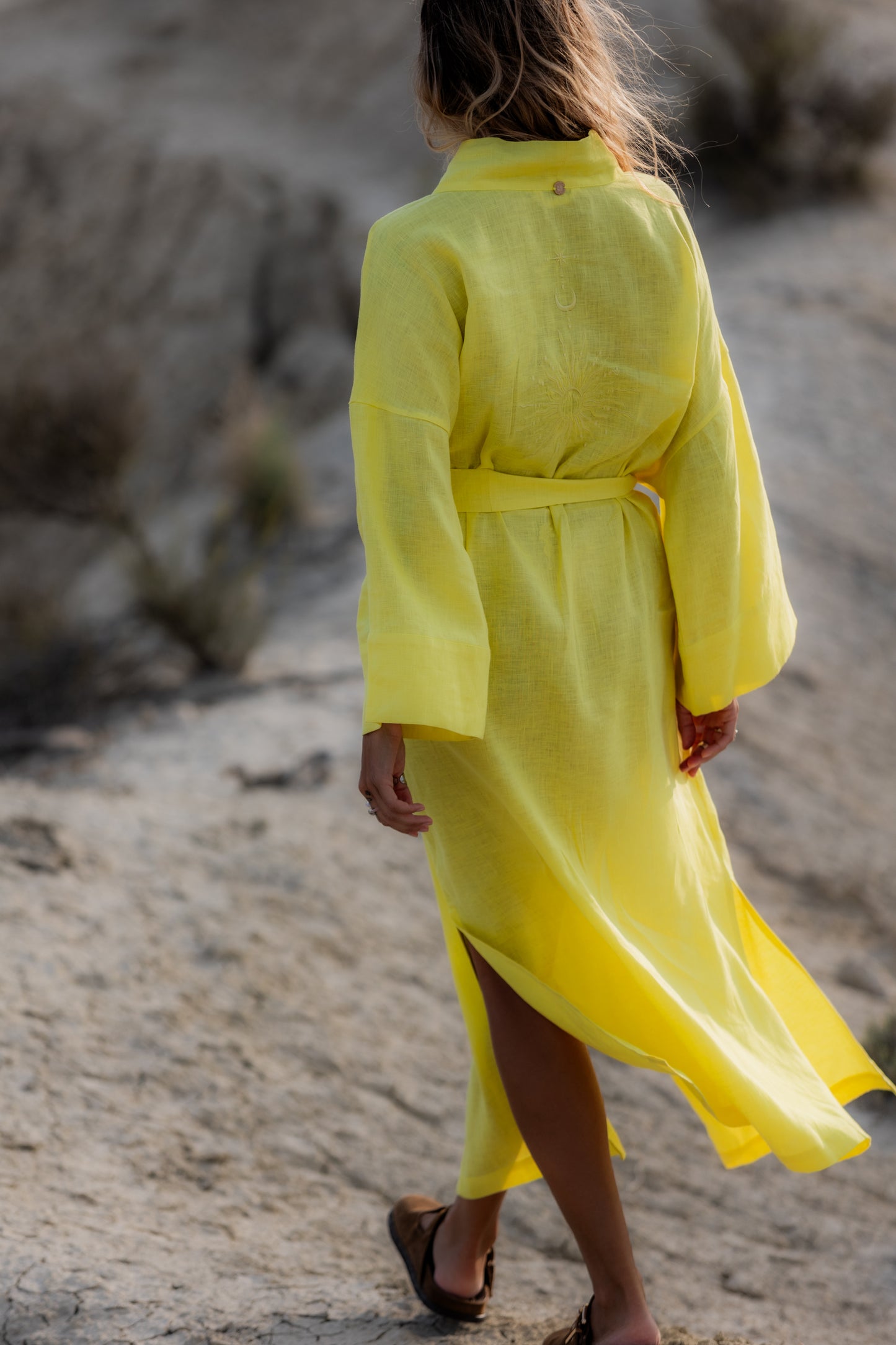 Long kimono dress "Sunny" with sacred geometry embroidery
