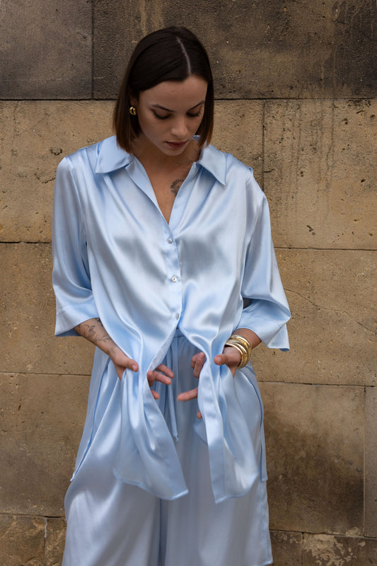 Suit, shirt and shorts, 100% Italian silk, blue