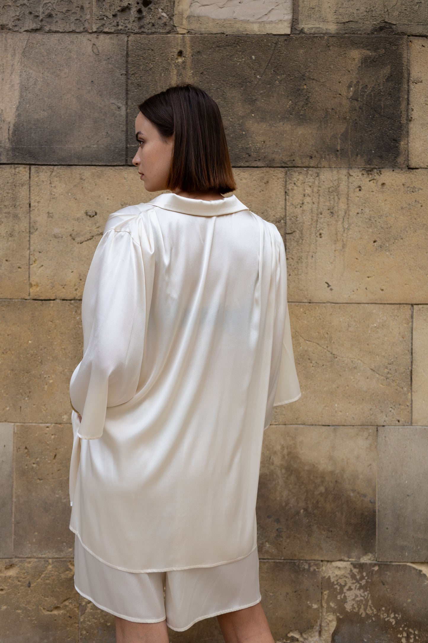 Suit, shirt and shorts, 100% Italian silk, milky white