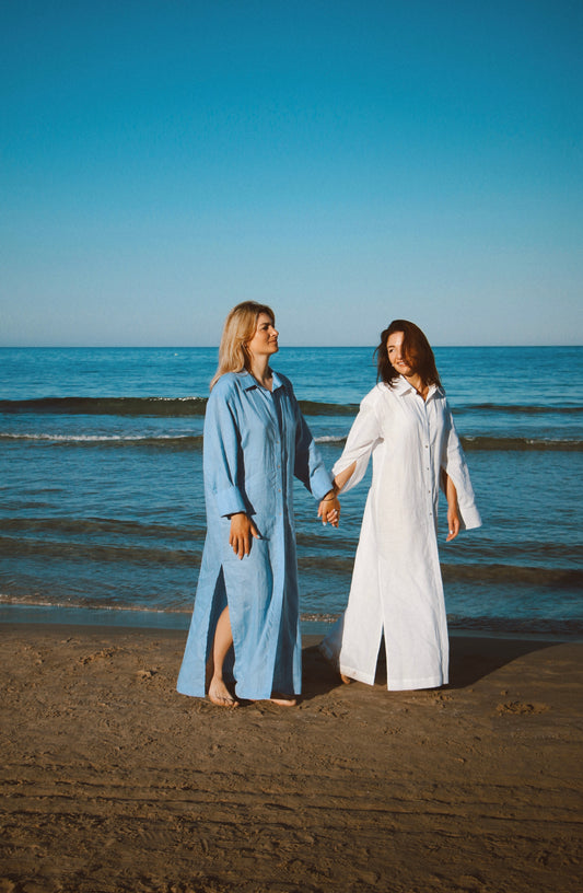 Blue maxi shirt dress made of 100% linen