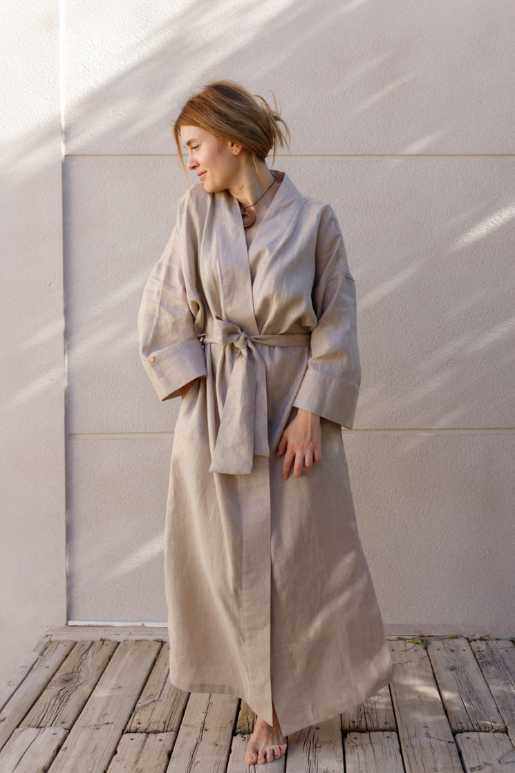 Women's dressing gown made of linen, maxi length, sand color "VIL'NA" Save yourself Women's dressing gown made of linen, maxi length, sand color "VIL'NA" Save yourself