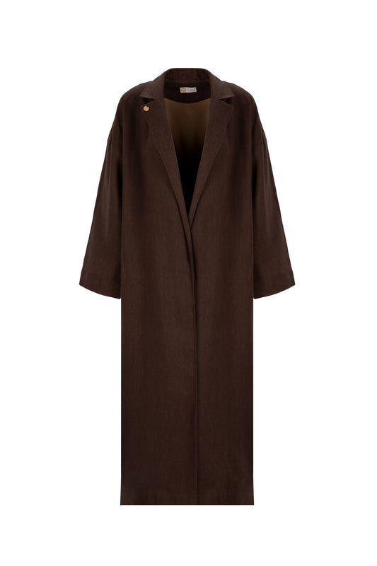 Trench coat made of 100% linen with cotton lining, chocolate