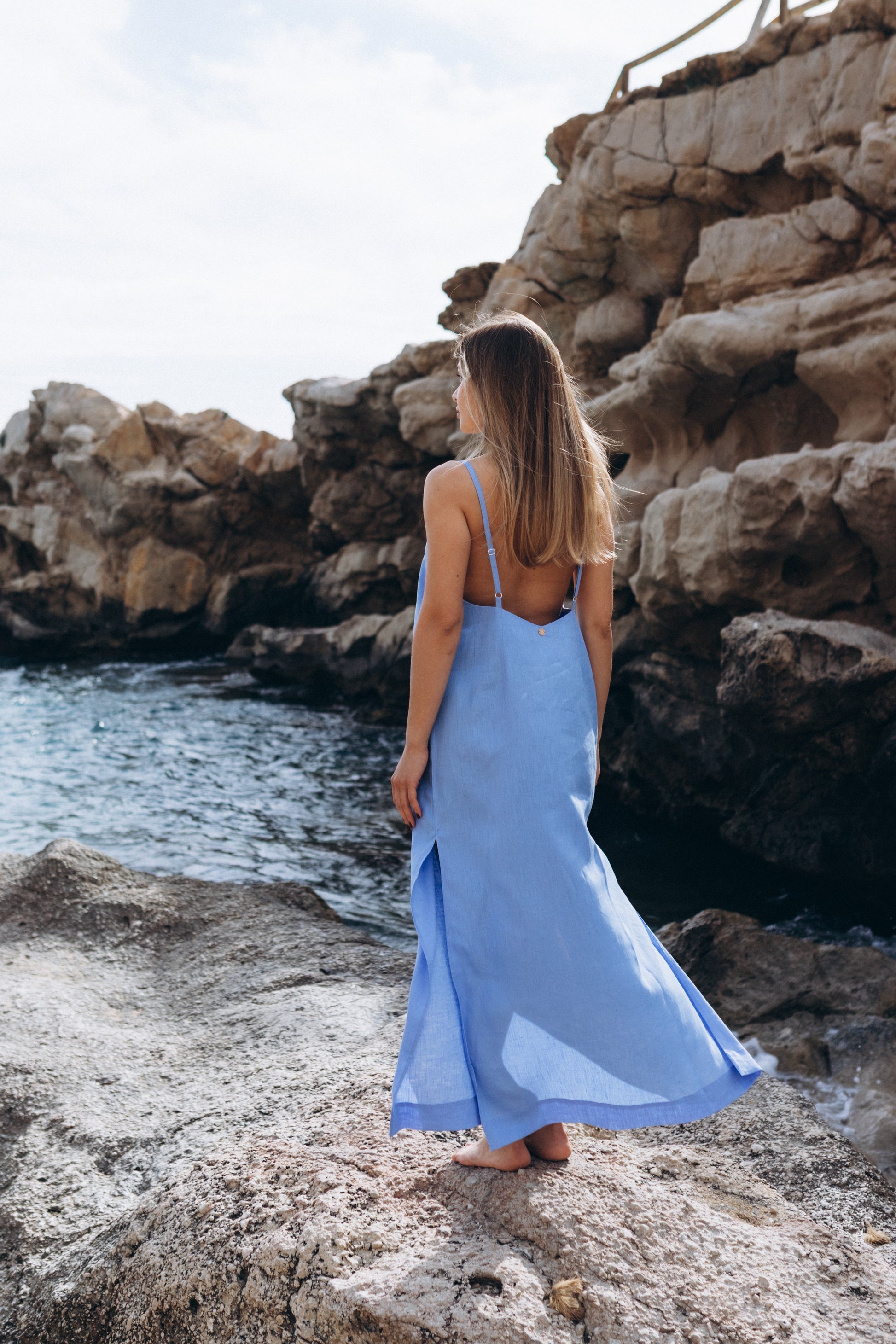Blue maxi dress with straps made of 100% linen Save yourself Blue maxi dress with straps made of 100% linen Save yourself