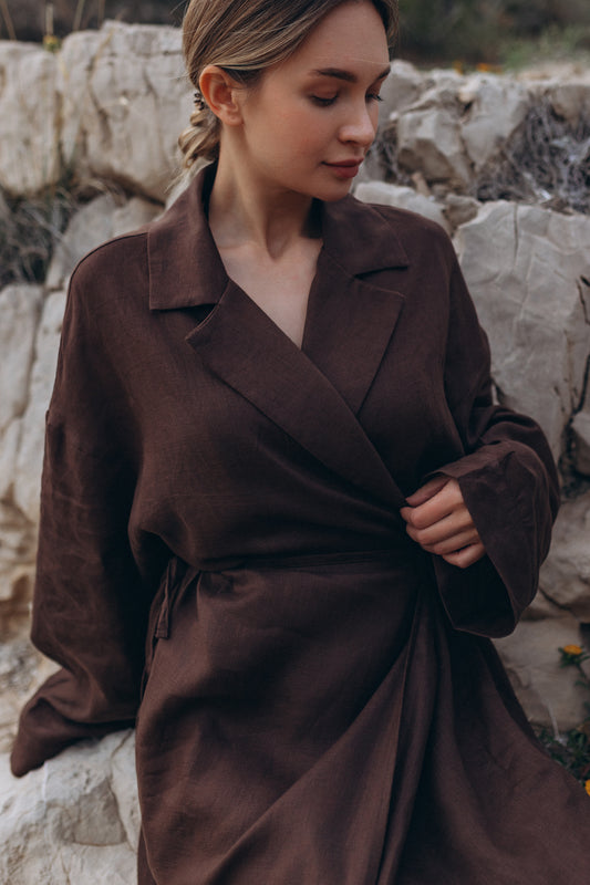 Long kimono dress "Chocolate" made of 100% linen