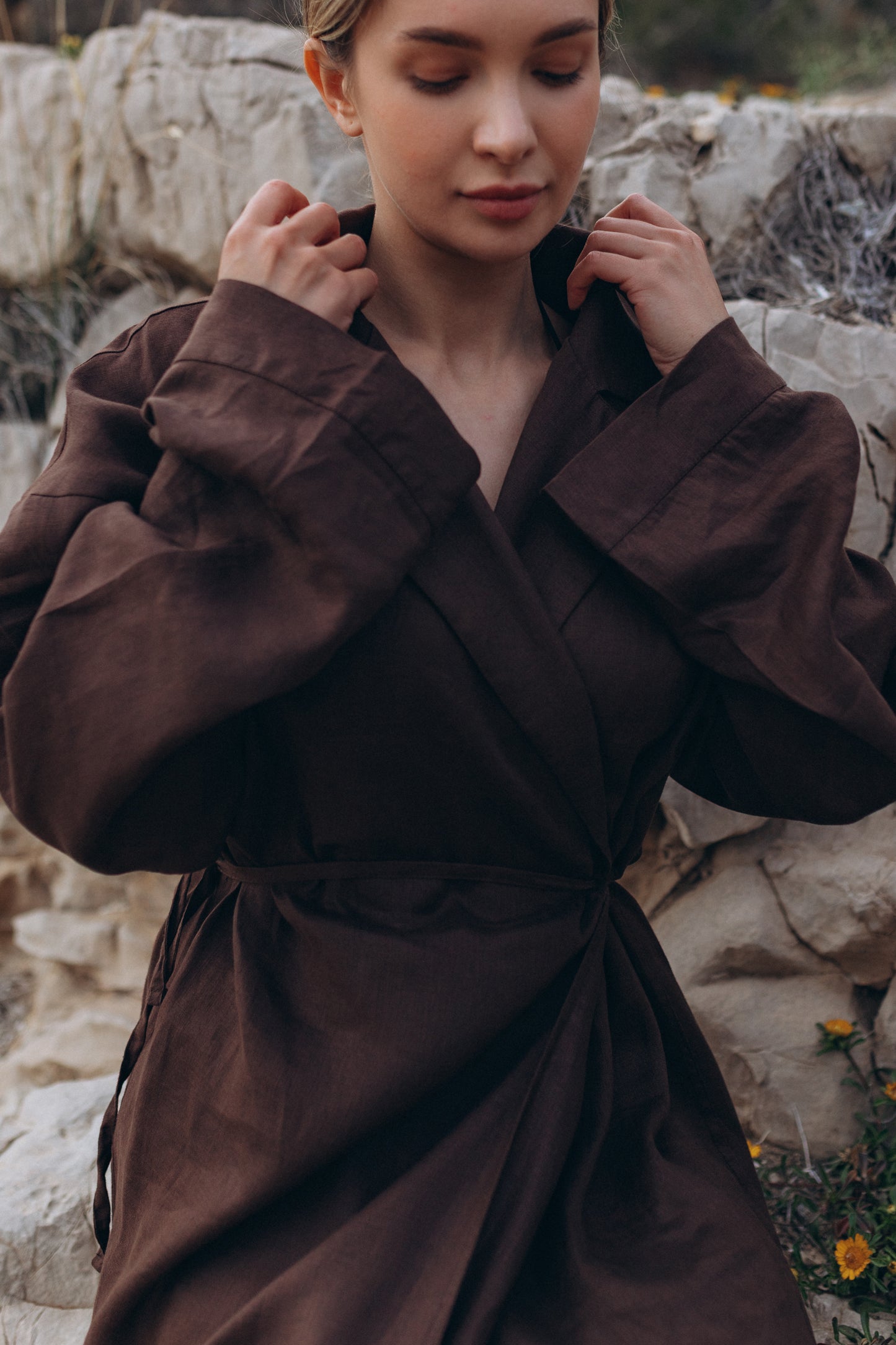 Long kimono dress "Chocolate" made of 100% linen