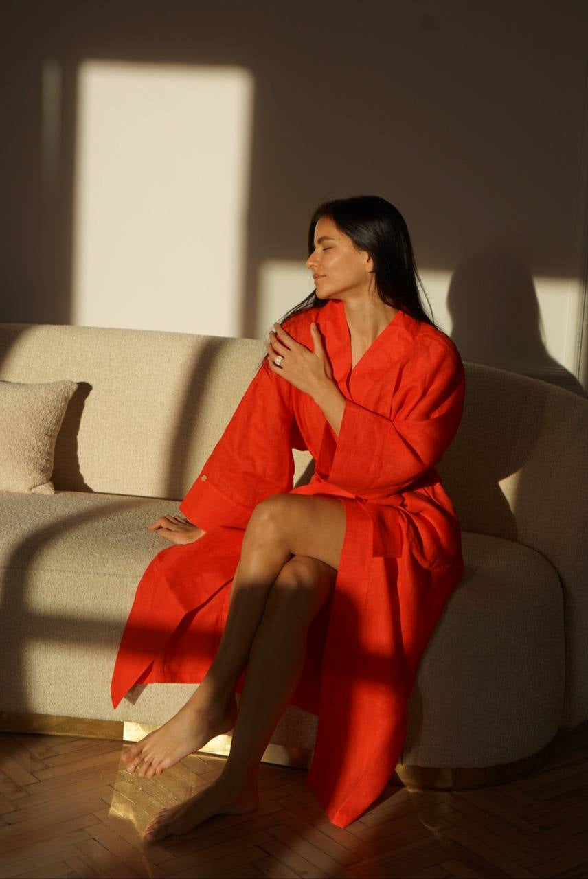 Red linen maxi dressing gown for women "BAZHANA" Red linen maxi dressing gown for women "BAZHANA"